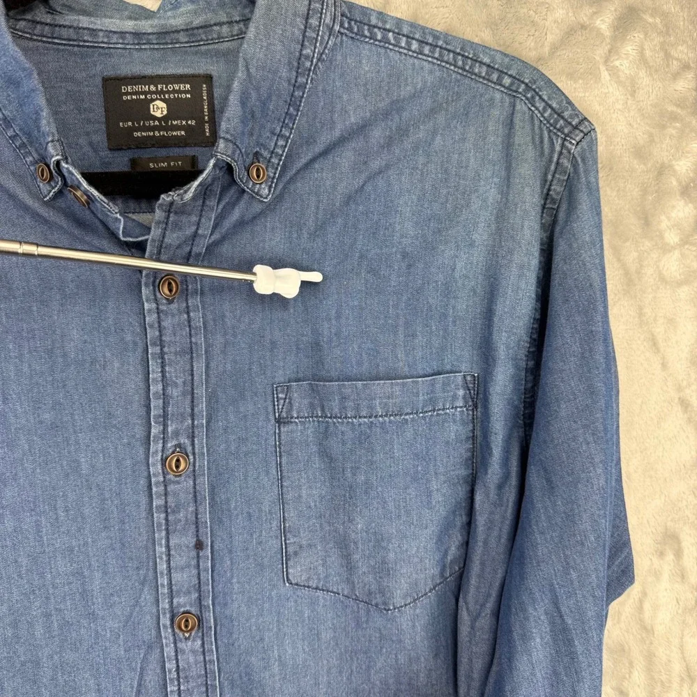 Denim & Flower Mens Blue Denim Collection Slim‎ Fit Button Down Shirt Large L
